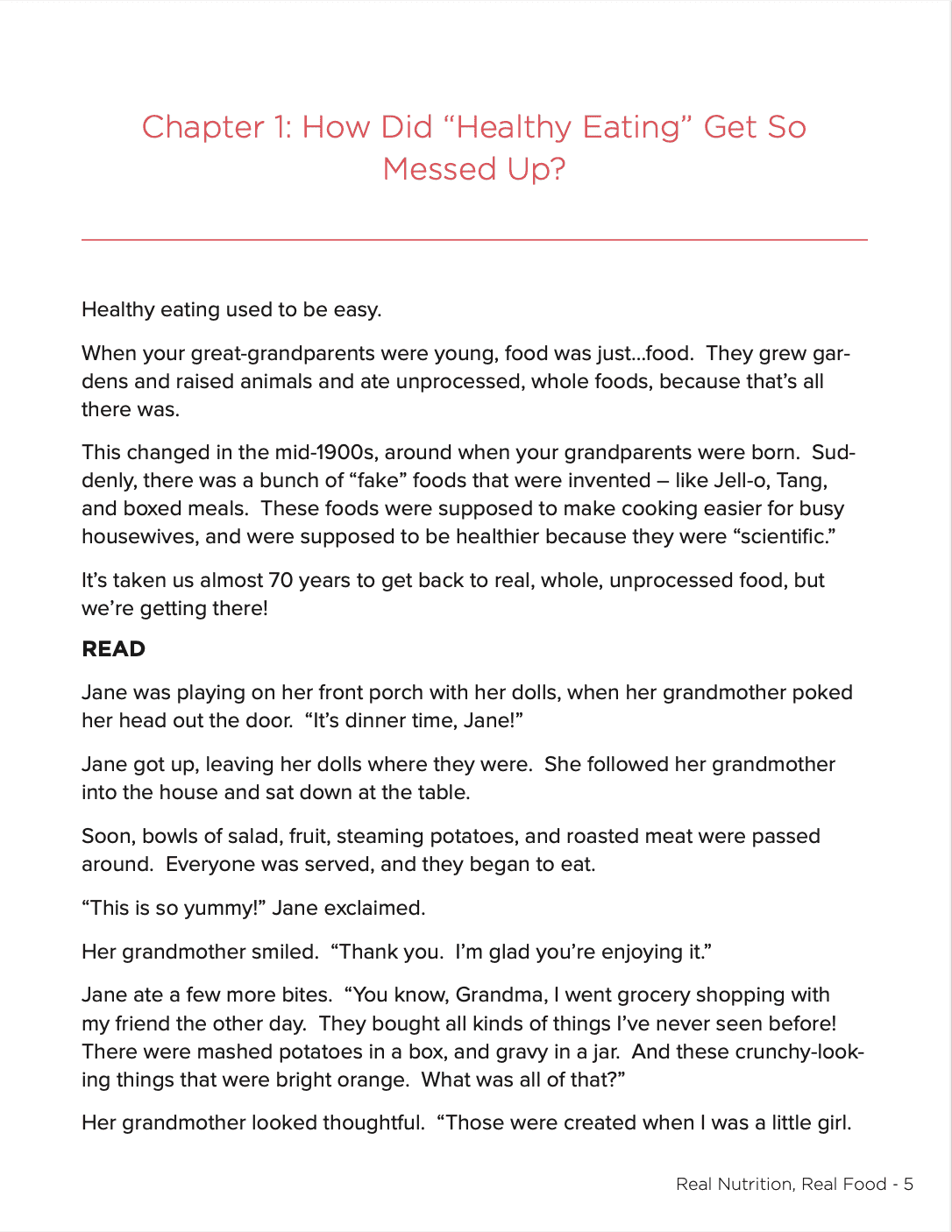 Earthley Real Food Real Nutrition Chapter 1 How Did Healthy Eating Get So Messed Up curriculum page with story about Jane learning from grandmother on white background