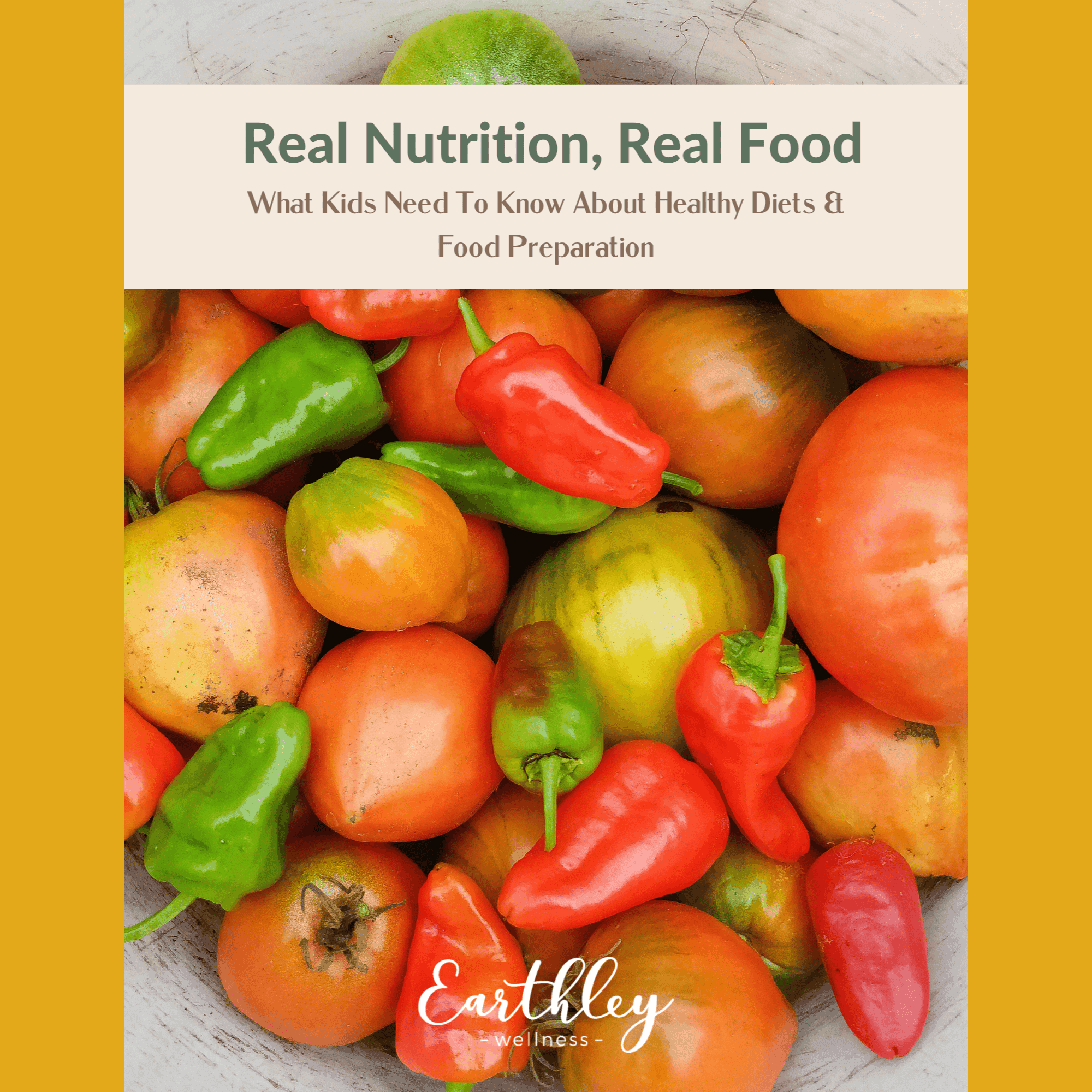 Earthley Real Food Real Nutrition Curriculum cover showing fresh green salad with purple cabbage orange carrots and colorful vegetables on white background with teal and tan text