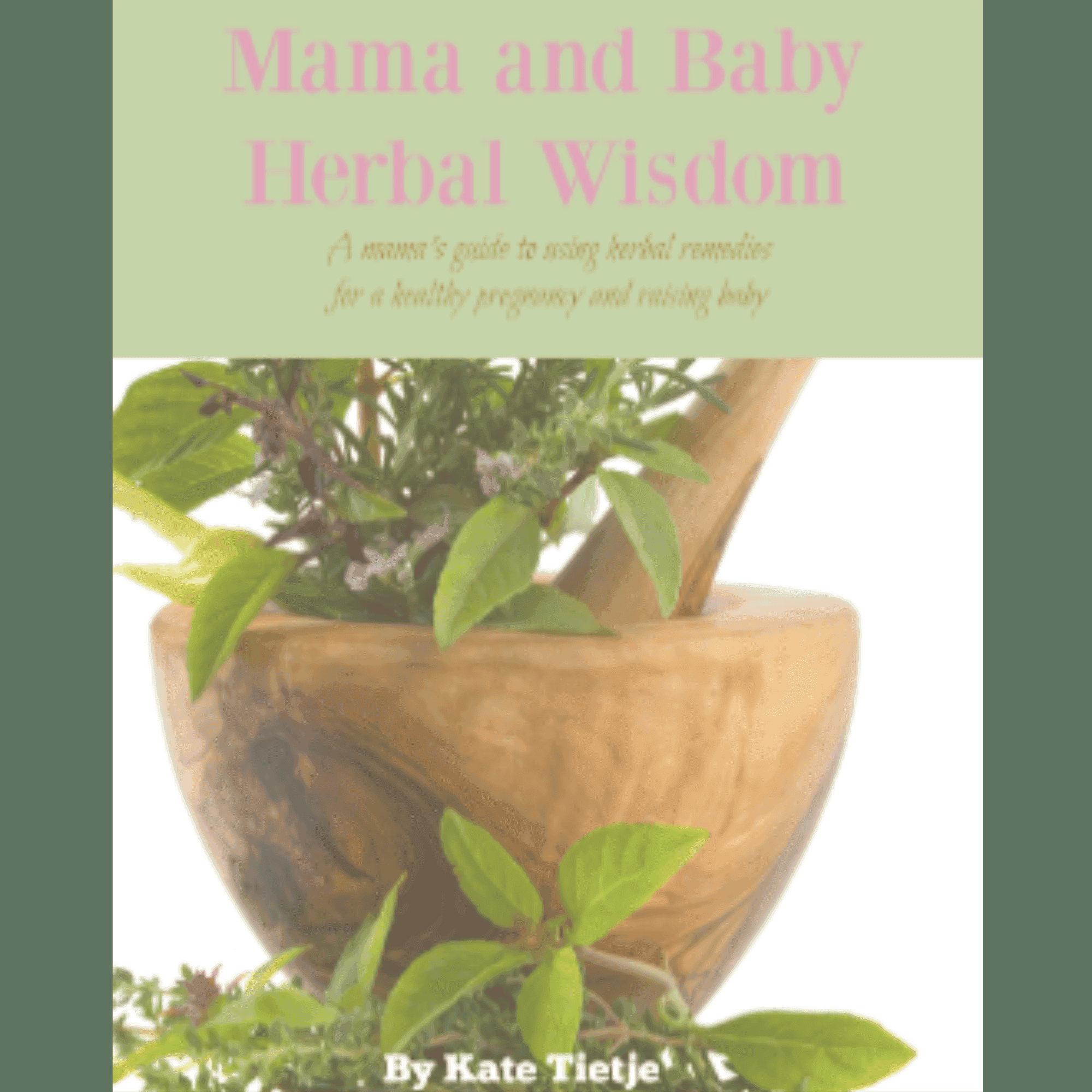 Cover of Mama and Baby Herbal Wisdom guide by Kate Tietje with wooden mortar and pestle filled with herbs