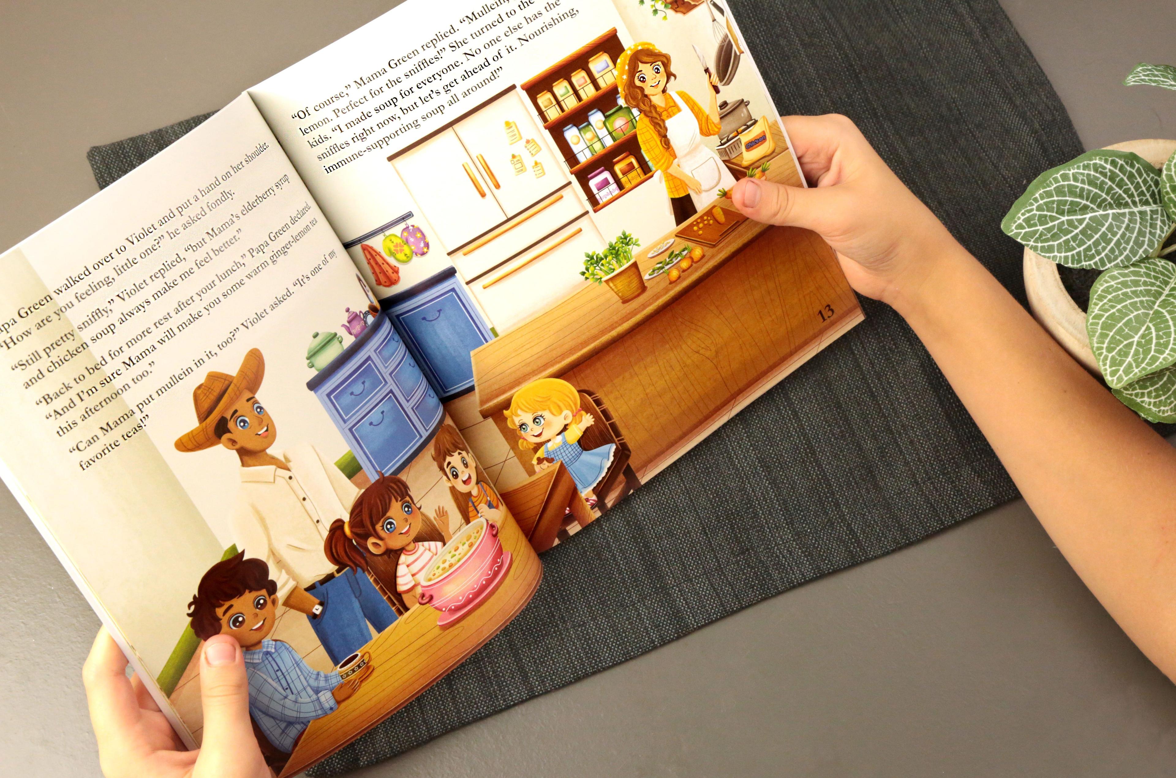 Open page spread from The Green Family children's book series showing illustrated family in kitchen with mother and children baking cake