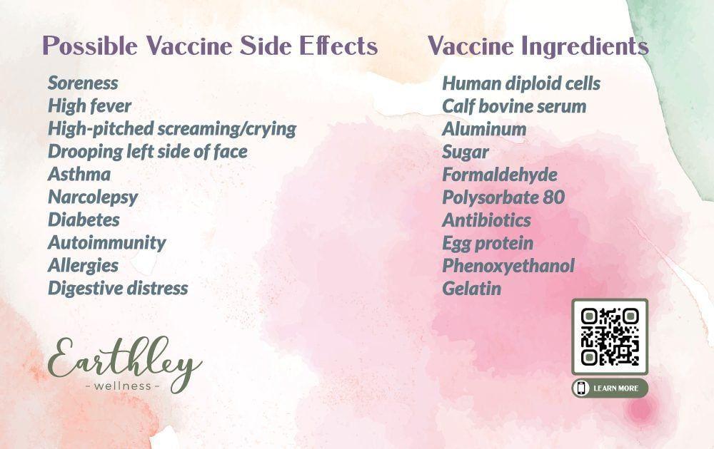Earthley Vaccine Education Cards showing Possible Vaccine Side Effects and Vaccine Ingredients lists on pink green and peach watercolor background with QR code